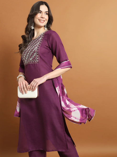 Purple Cotton Blend Pant Suit 190060 Closure View